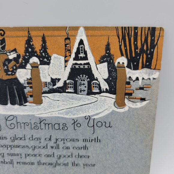 Merry Christmas Folded Vintage Card Snowy Scene Holiday Cheer Orange Textured - Picture 3 of 7